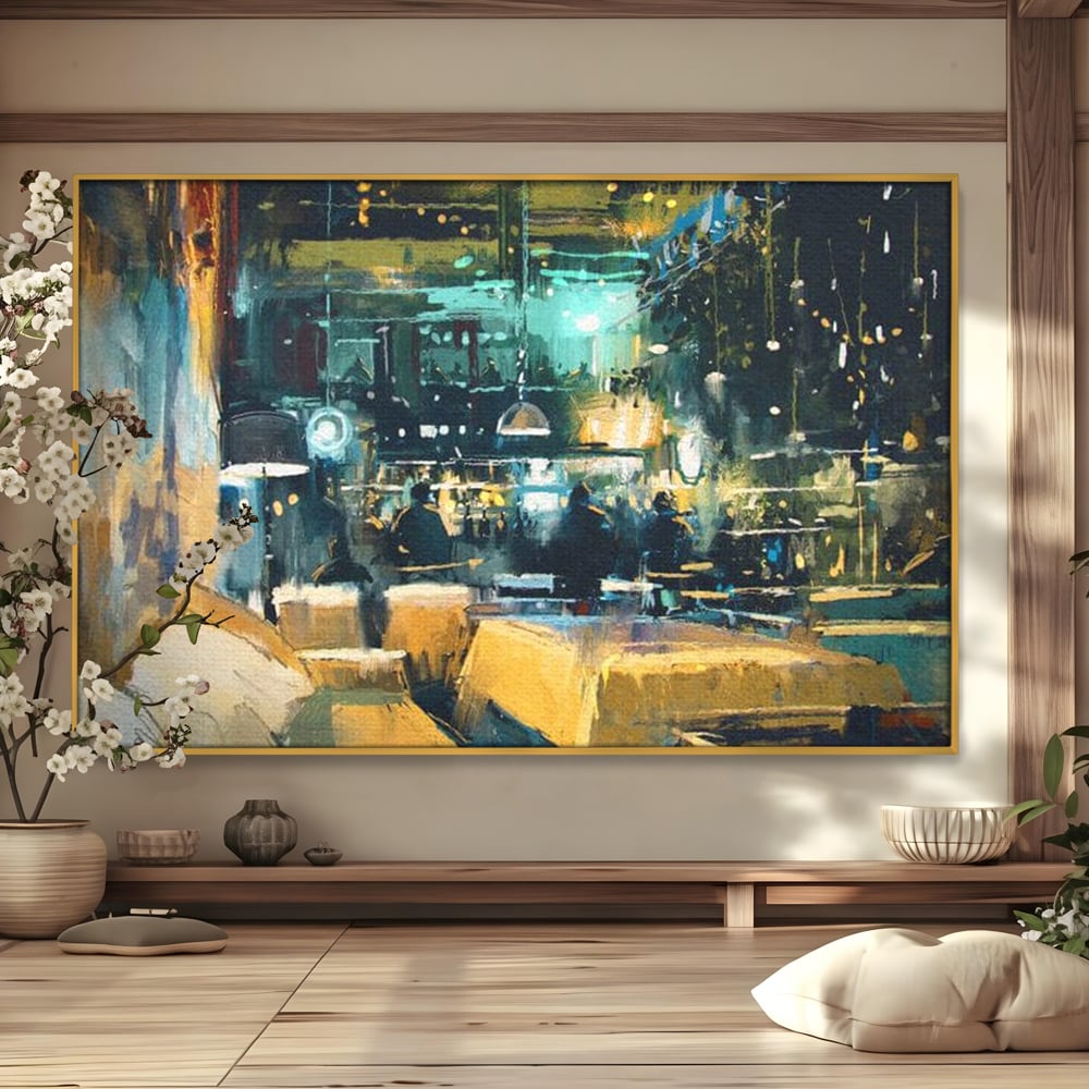 Tablou canvas cu pictura urbana cu pub luminat noaptea, in rama de aluminiu auriu